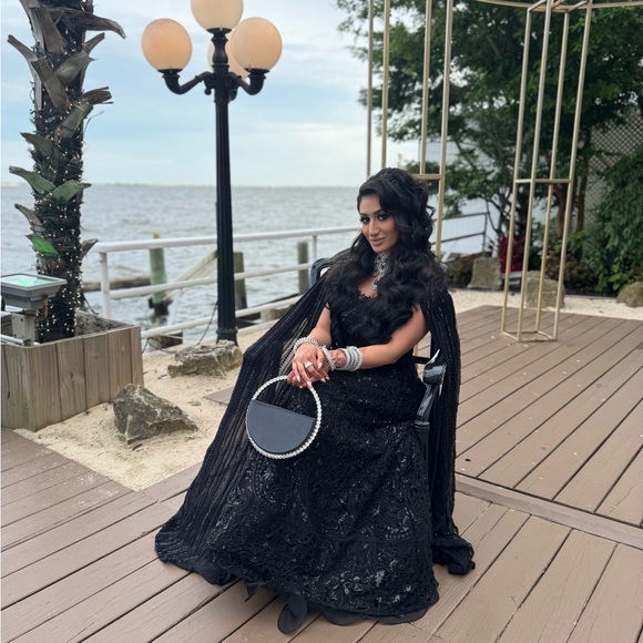 Black embellished lehenga saree two piece with feathers and ruffle bridesmaid - Picture 2 of 3